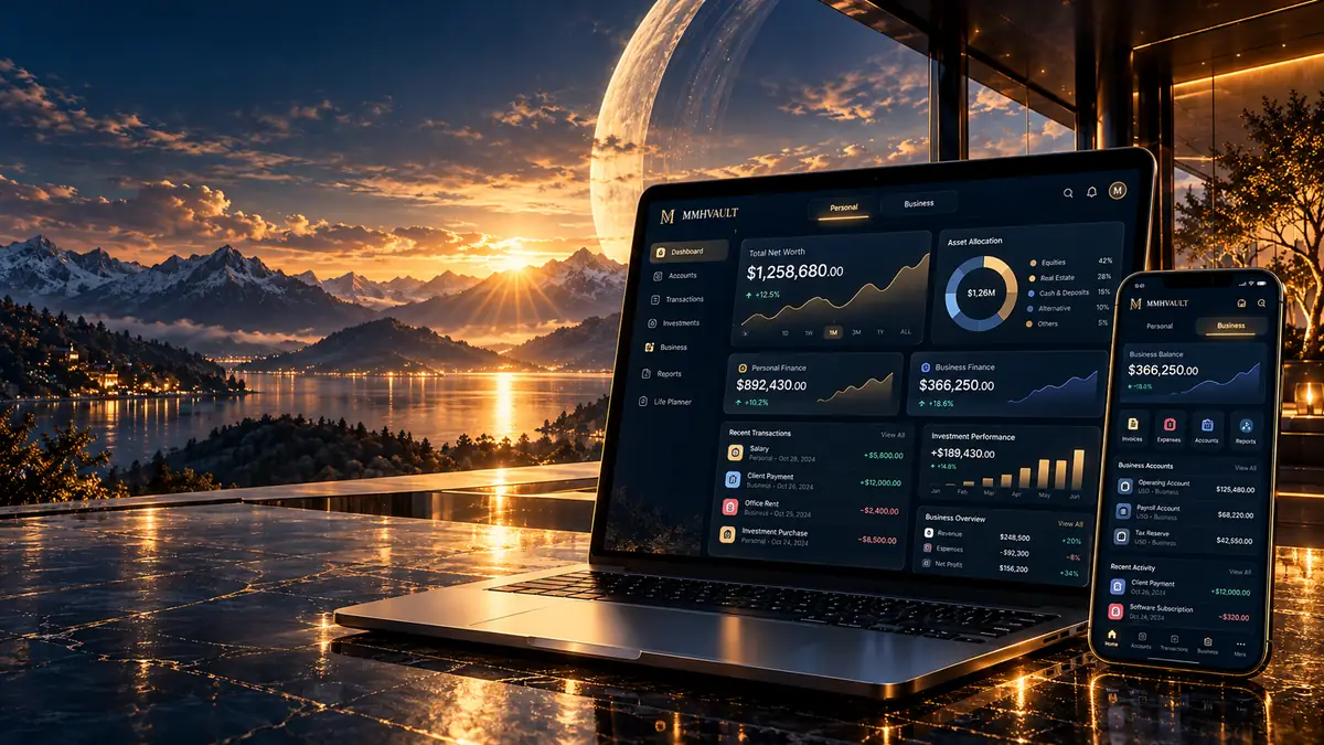 Illustrative MMHVAULT Personal and Business finance dashboard on laptop and phone; all figures are fictional